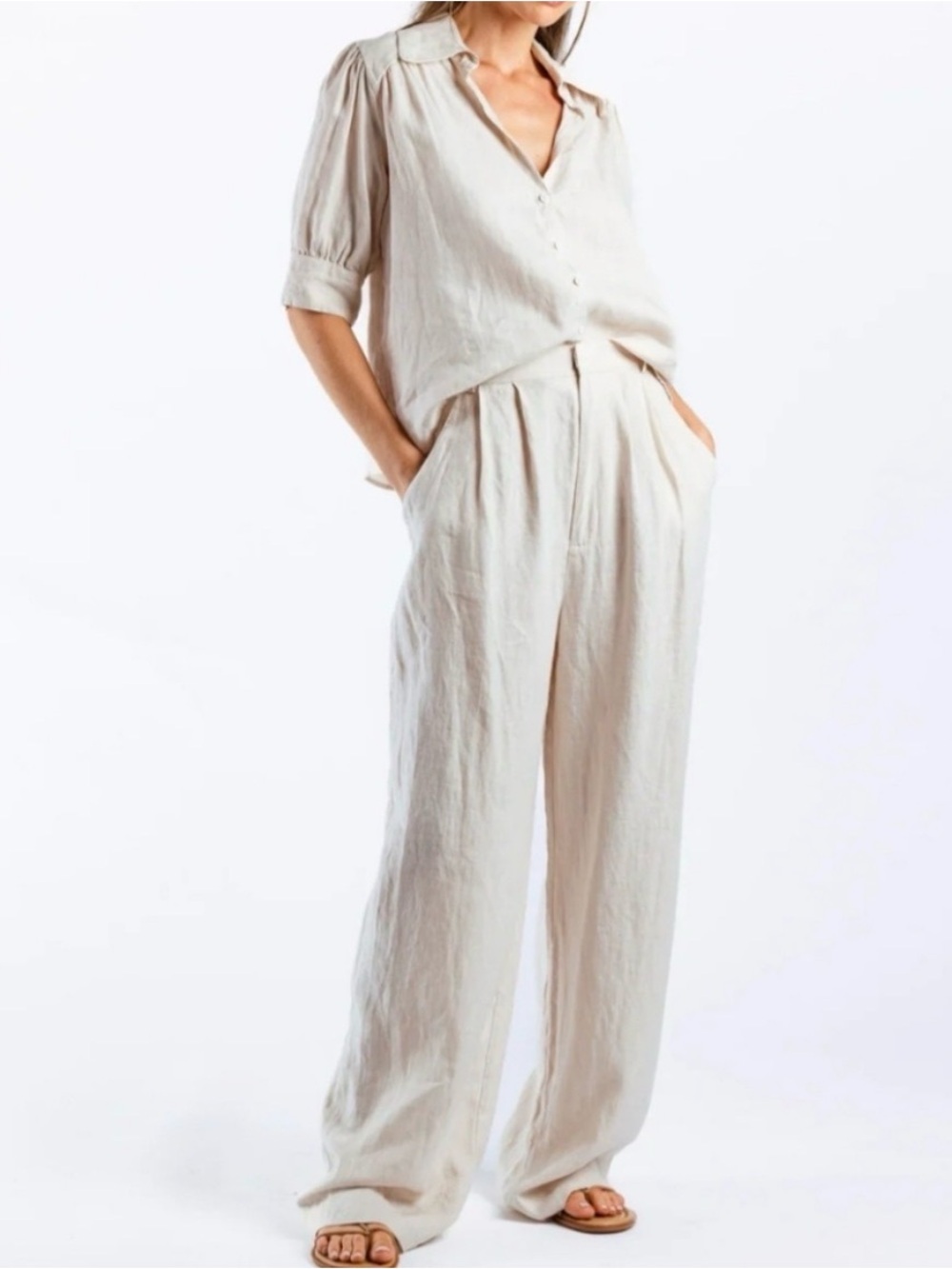 Women's Cream Wide-Leg Linen Blend Pants